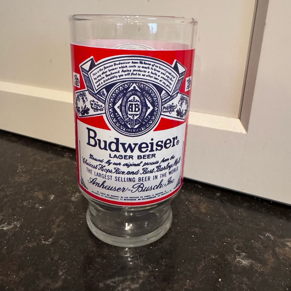 Vintage Budweiser Lager Beer Glass with Red and Blue Logo